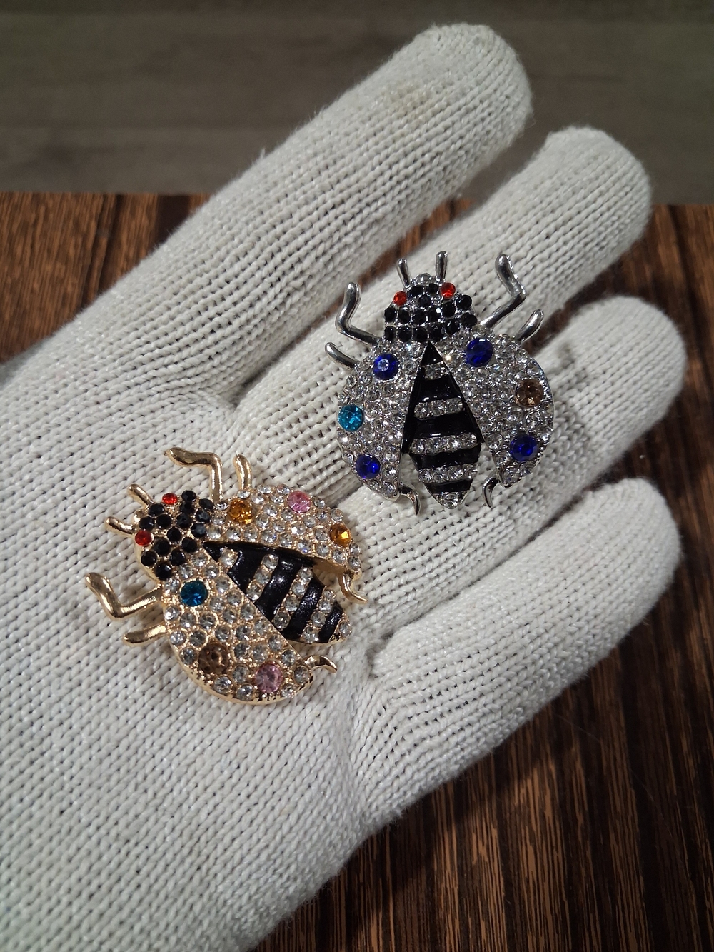 Pair Of Rhinestone Bee Brooches - Gold & Silver Crystal Accent